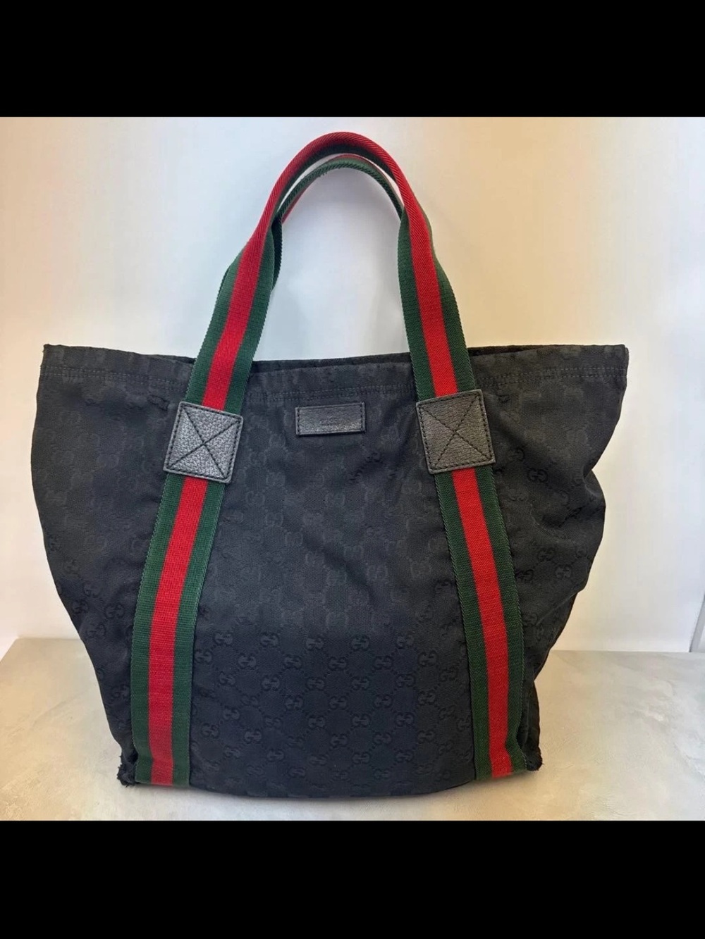Gucci Black GG Canvas Tote with Green and Red Web Handles
